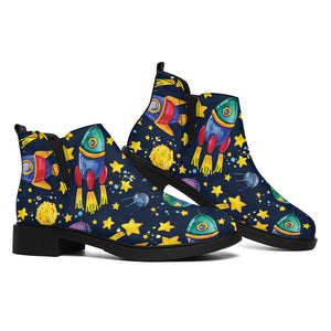 Watercolor Rocket Pattern Print Flat Ankle Boots