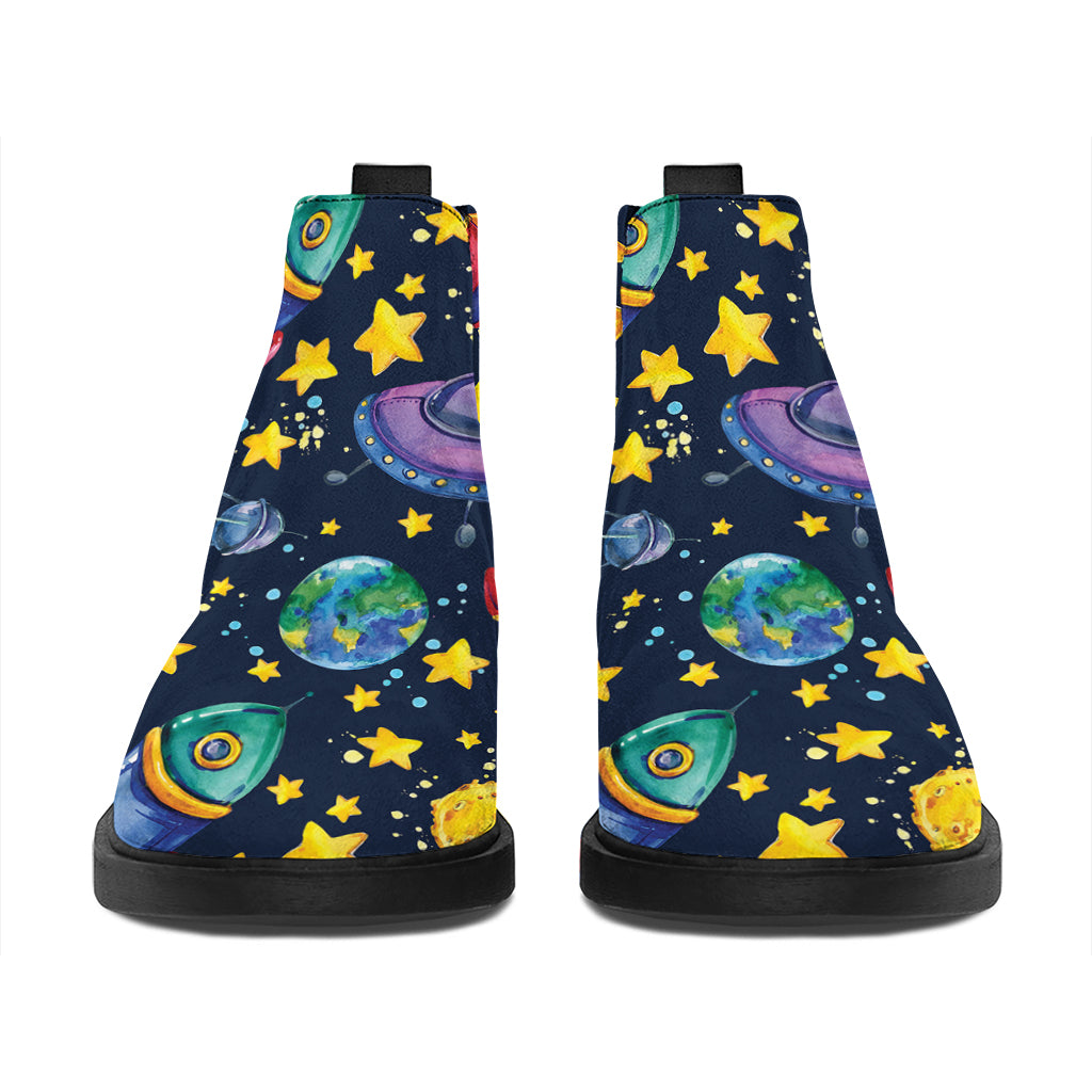 Watercolor Rocket Pattern Print Flat Ankle Boots