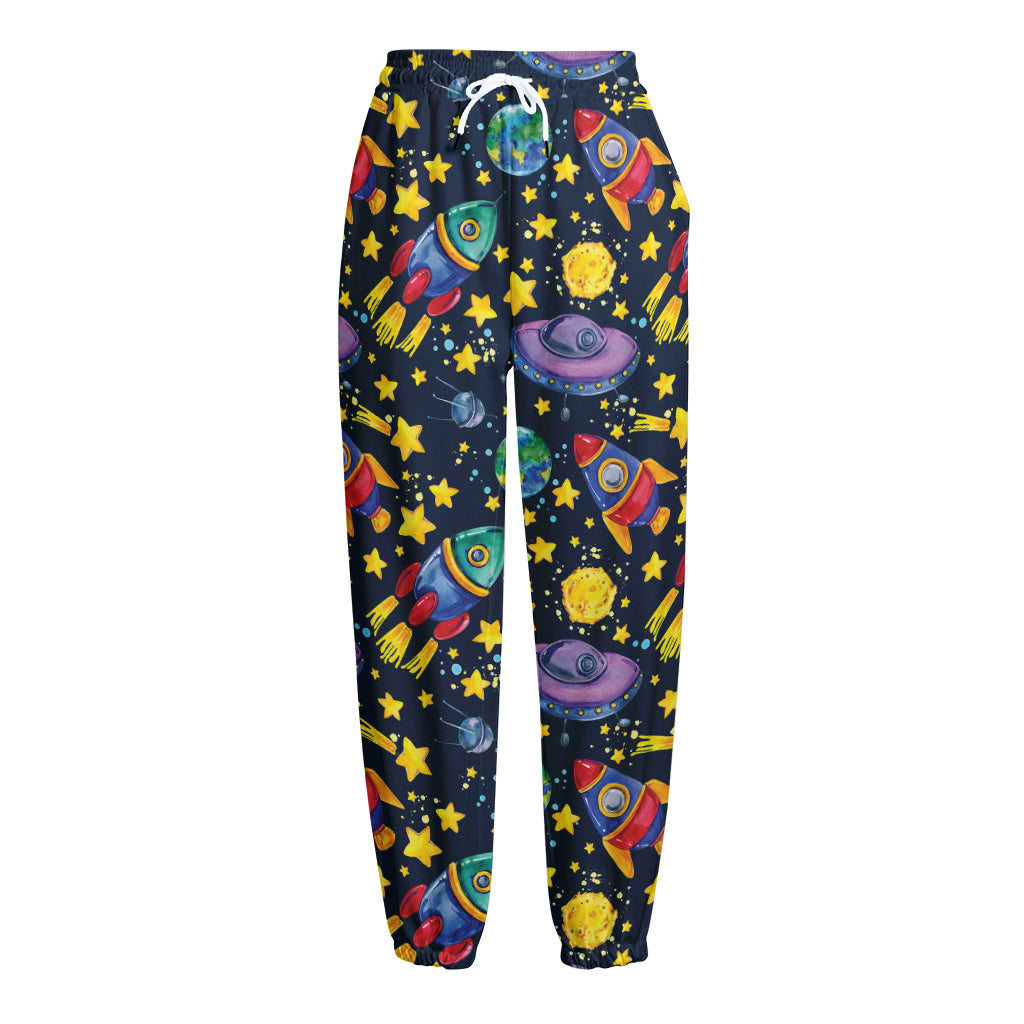 Watercolor Rocket Pattern Print Fleece Lined Knit Pants