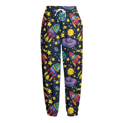 Watercolor Rocket Pattern Print Fleece Lined Knit Pants