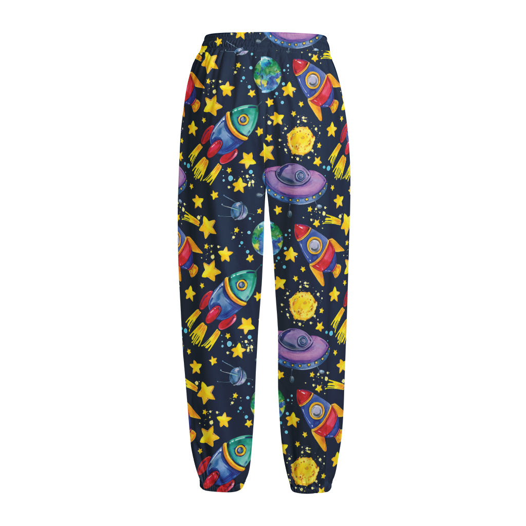 Watercolor Rocket Pattern Print Fleece Lined Knit Pants
