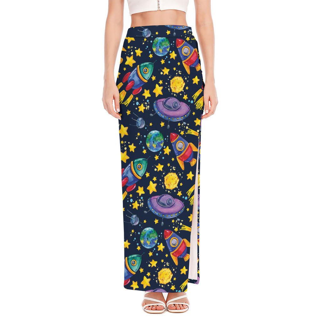 Watercolor Rocket Pattern Print High Slit Maxi Skirt