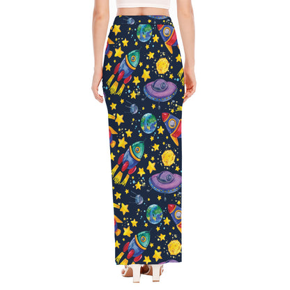 Watercolor Rocket Pattern Print High Slit Maxi Skirt