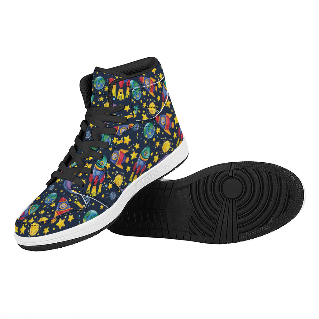 Watercolor Rocket Pattern Print High Top Leather Sneakers