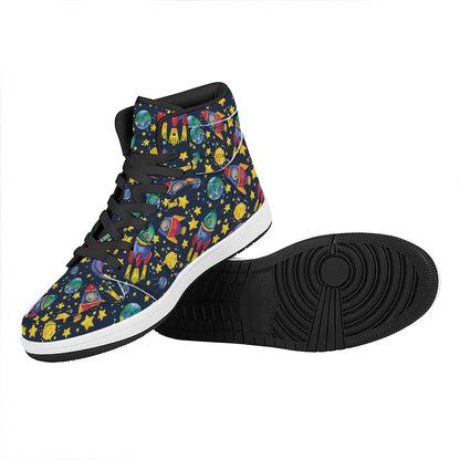 Watercolor Rocket Pattern Print High Top Leather Sneakers