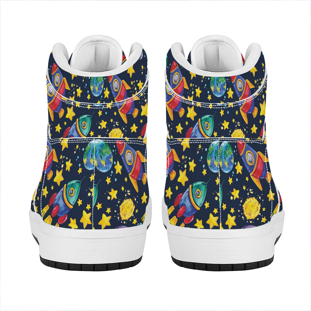 Watercolor Rocket Pattern Print High Top Leather Sneakers