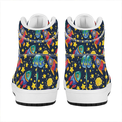 Watercolor Rocket Pattern Print High Top Leather Sneakers