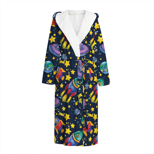 Watercolor Rocket Pattern Print Hooded Bathrobe