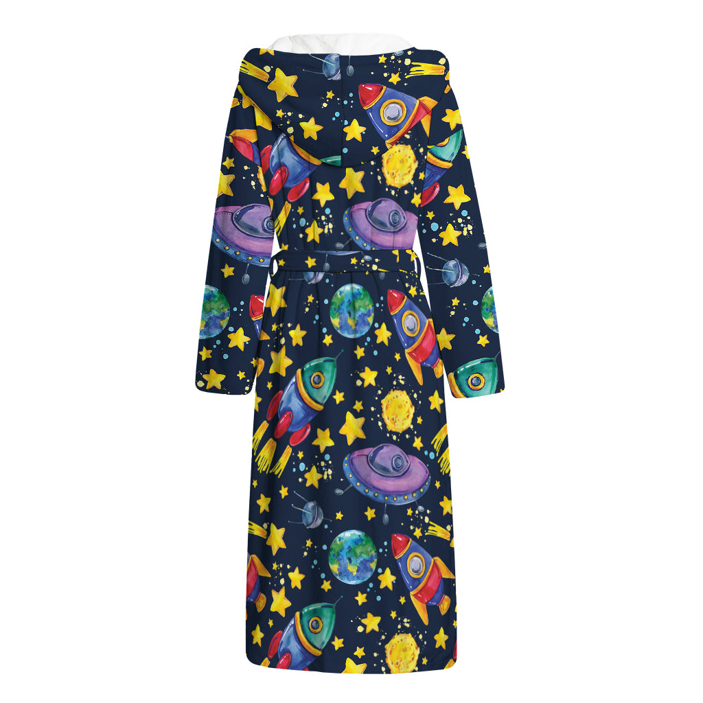 Watercolor Rocket Pattern Print Hooded Bathrobe