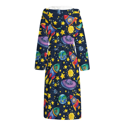 Watercolor Rocket Pattern Print Hooded Bathrobe