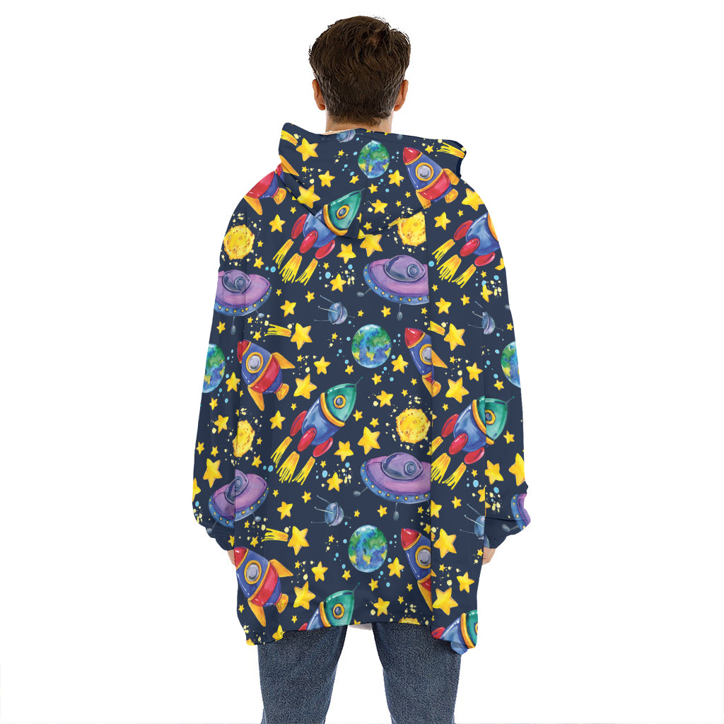 Watercolor Rocket Pattern Print Hoodie Blanket