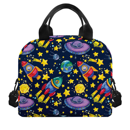 Watercolor Rocket Pattern Print Insulated Lunch Bag