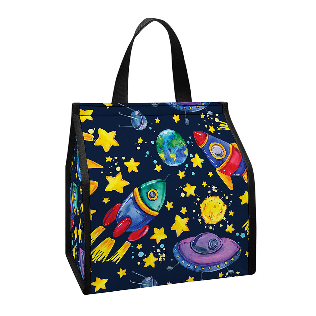 Watercolor Rocket Pattern Print Insulated Lunch Tote