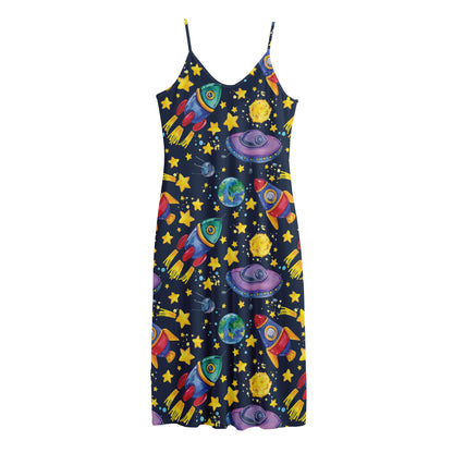 Watercolor Rocket Pattern Print Jersey Midi Cami Dress