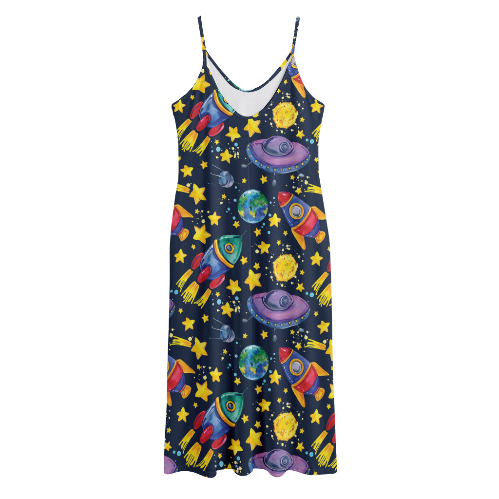 Watercolor Rocket Pattern Print Jersey Midi Cami Dress