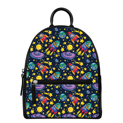 Watercolor Rocket Pattern Print Leather Backpack