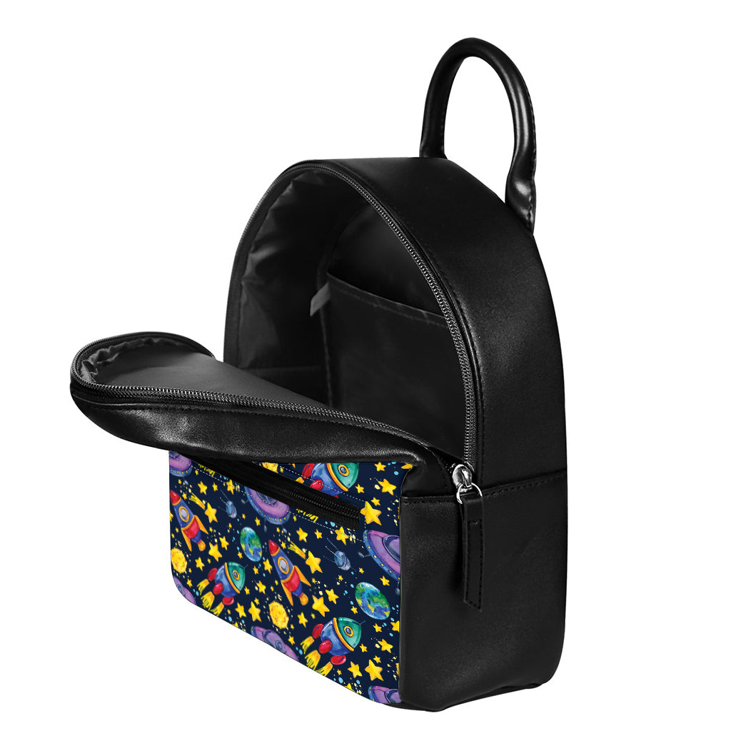 Watercolor Rocket Pattern Print Leather Backpack