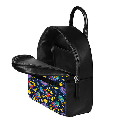 Watercolor Rocket Pattern Print Leather Backpack