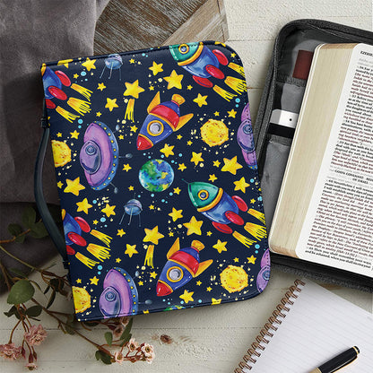 Watercolor Rocket Pattern Print Leather Bible Cover