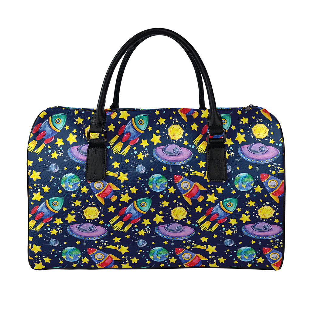 Watercolor Rocket Pattern Print Leather Duffle Bag