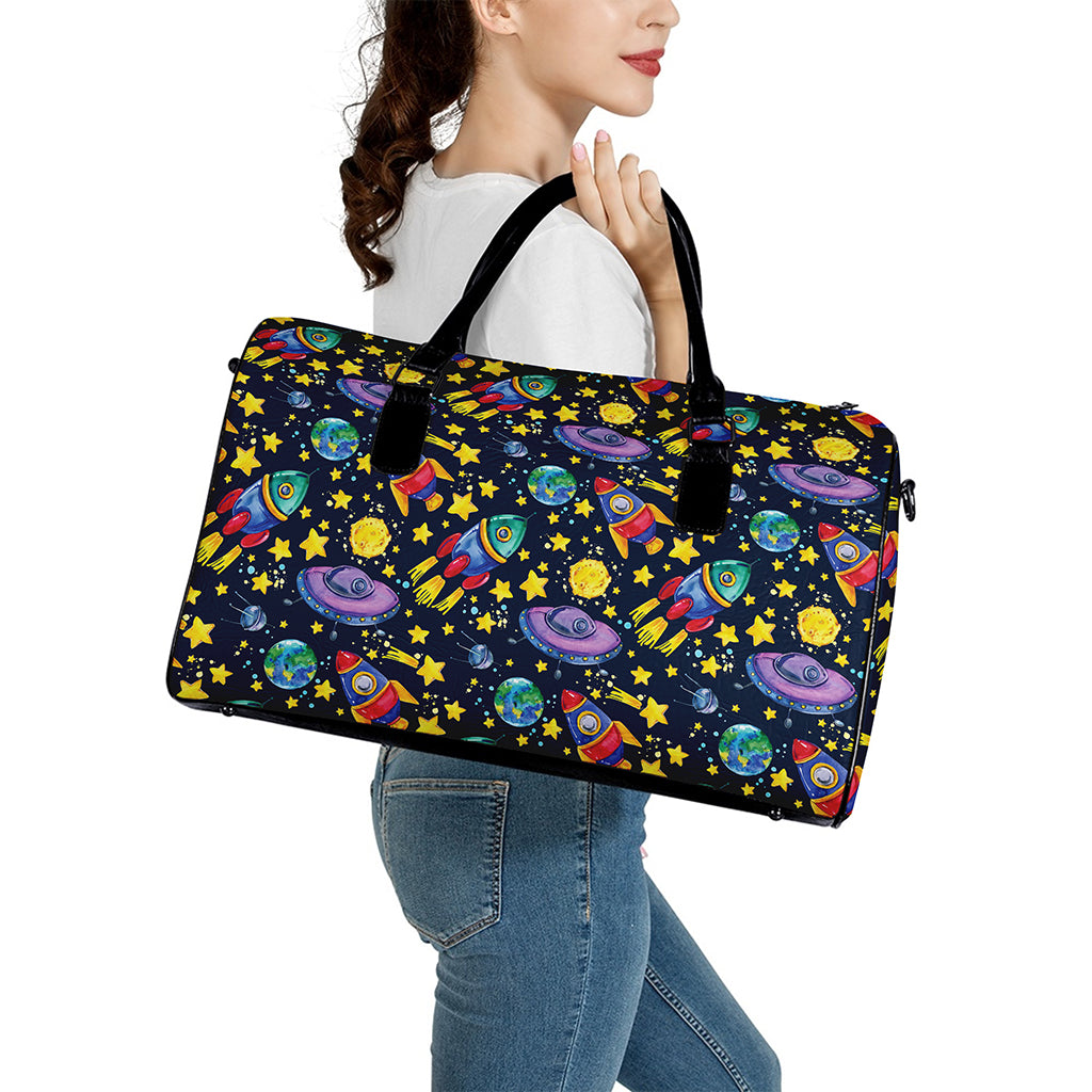 Watercolor Rocket Pattern Print Leather Duffle Bag