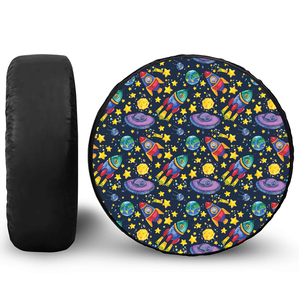 Watercolor Rocket Pattern Print Leather Spare Tire Cover