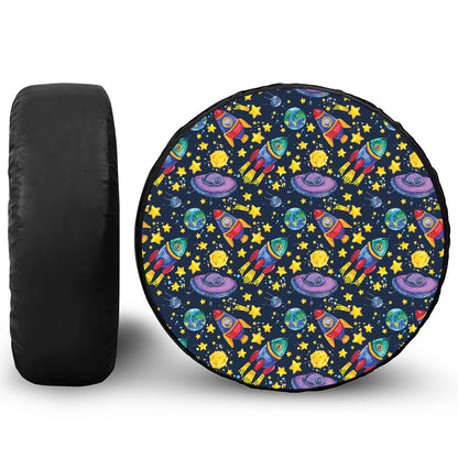 Watercolor Rocket Pattern Print Leather Spare Tire Cover