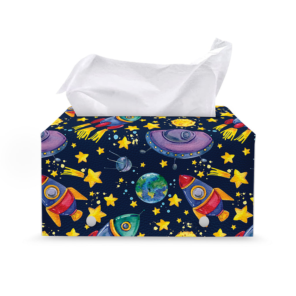 Watercolor Rocket Pattern Print Leather Tissue Box Cover