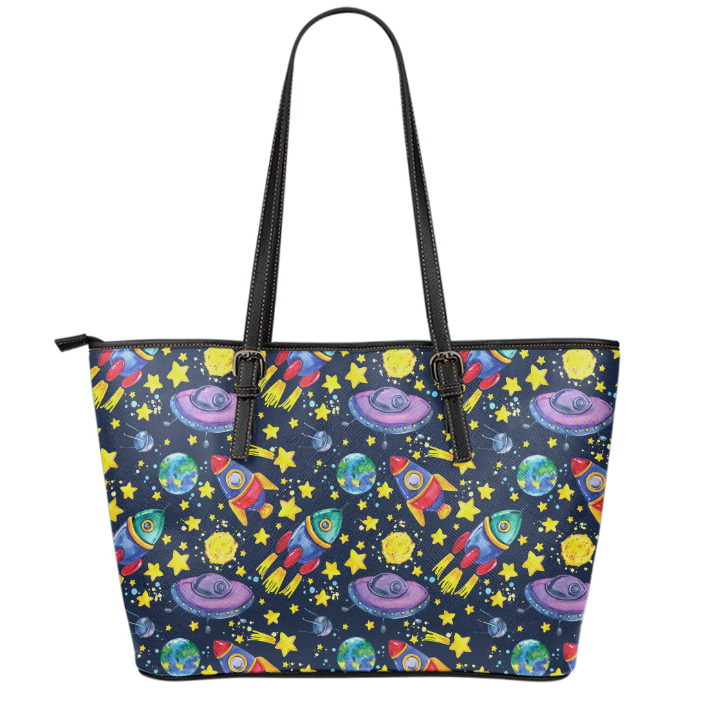 Watercolor Rocket Pattern Print Leather Tote Bag