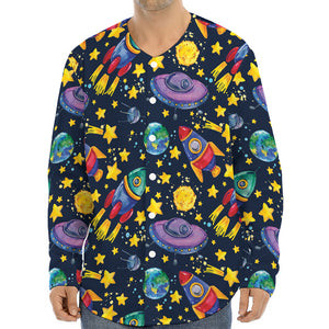 Watercolor Rocket Pattern Print Long Sleeve Baseball Jersey