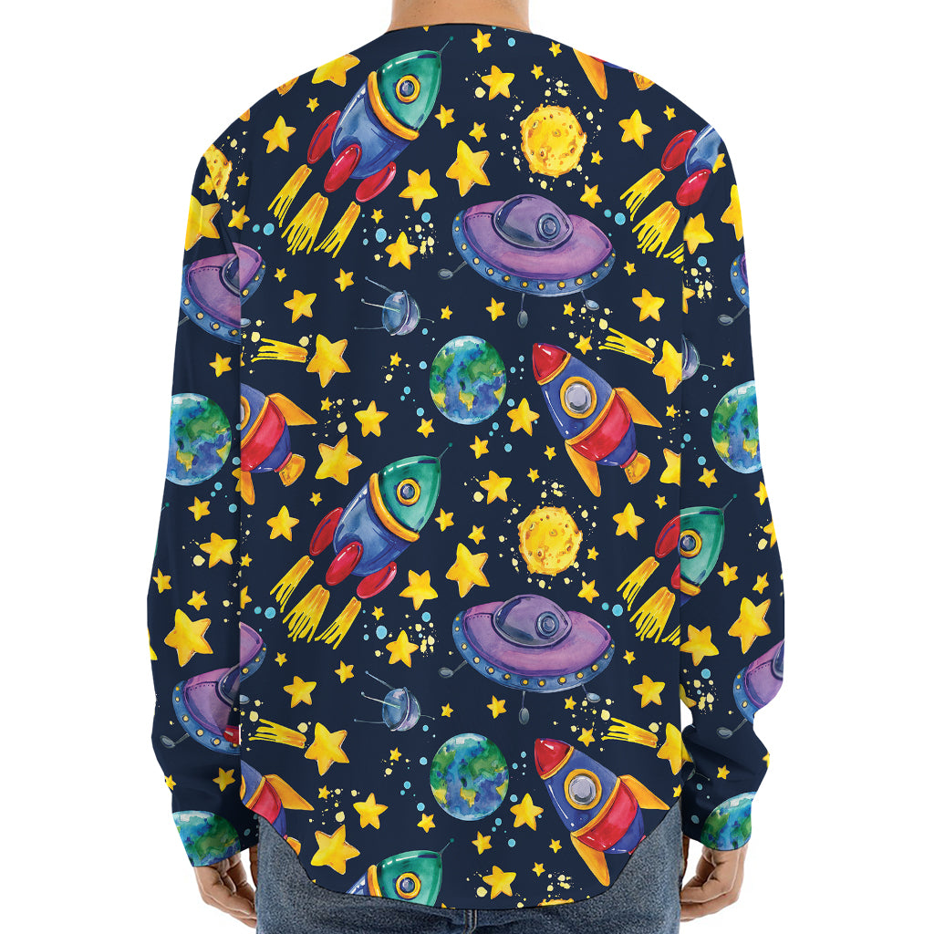 Watercolor Rocket Pattern Print Long Sleeve Baseball Jersey