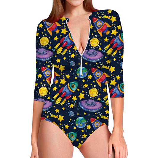 Watercolor Rocket Pattern Print Long Sleeve Swimsuit