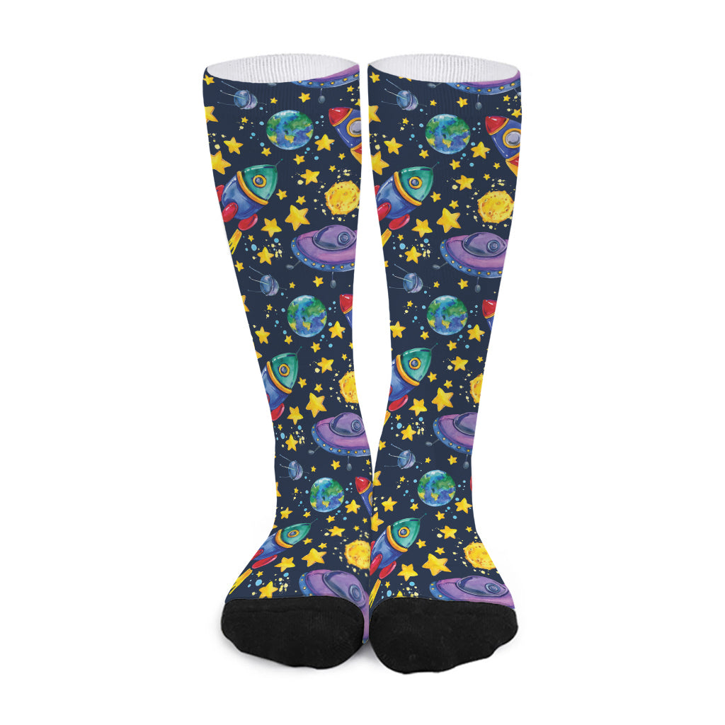 Watercolor Rocket Pattern Print Long Socks
