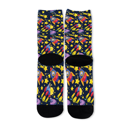 Watercolor Rocket Pattern Print Long Socks