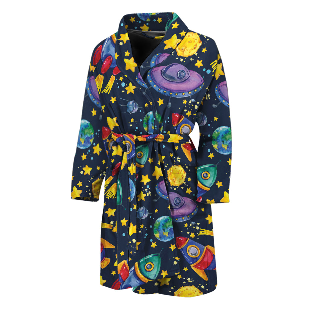 Watercolor Rocket Pattern Print Men's Bathrobe
