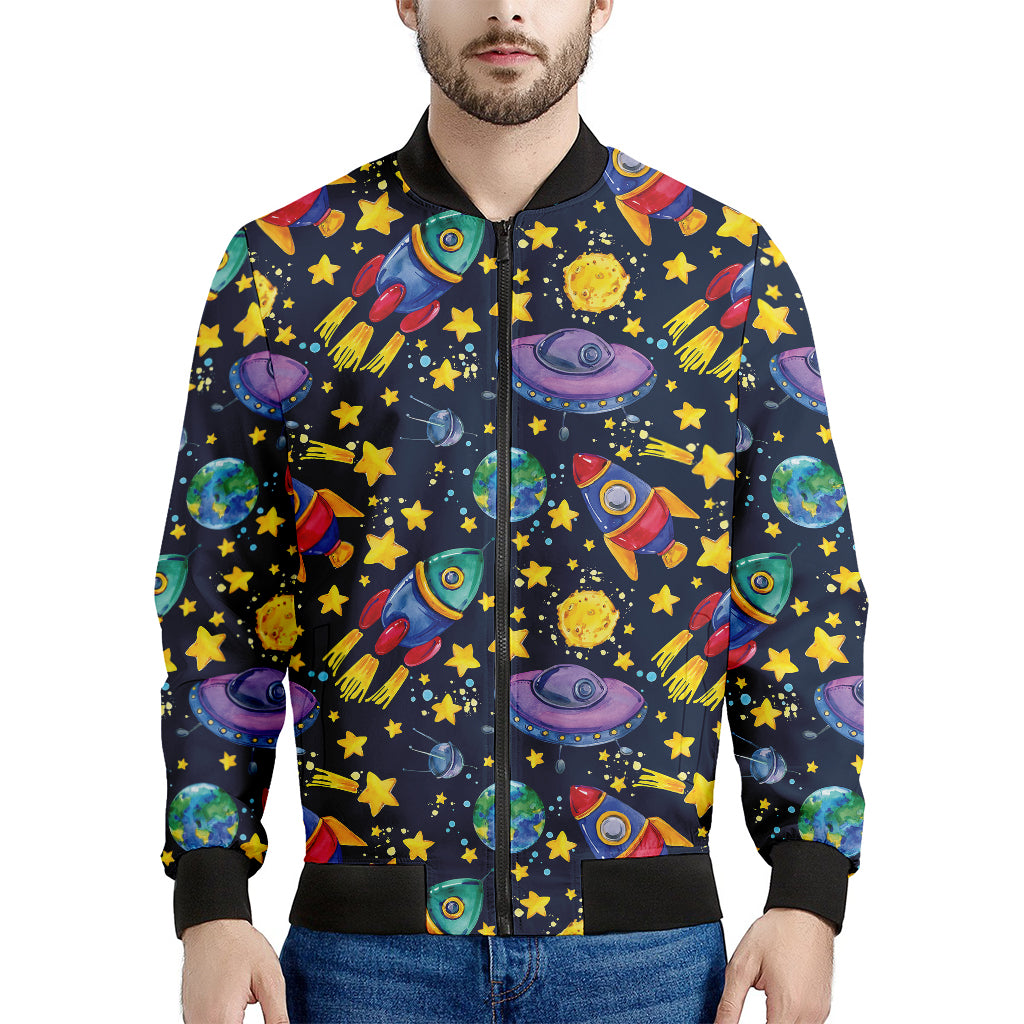 Watercolor Rocket Pattern Print Men's Bomber Jacket
