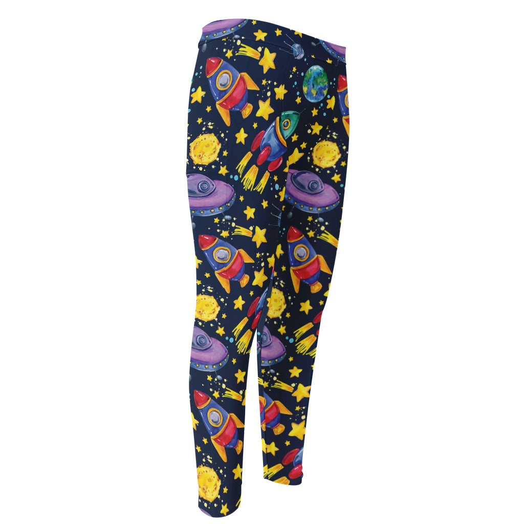Watercolor Rocket Pattern Print Men's Compression Pants