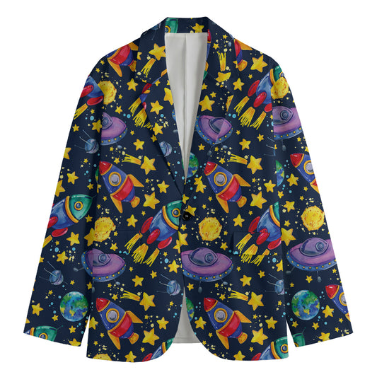 Watercolor Rocket Pattern Print Men's Cotton Blazer