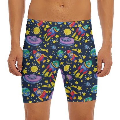 Watercolor Rocket Pattern Print Men's Long Boxer Briefs