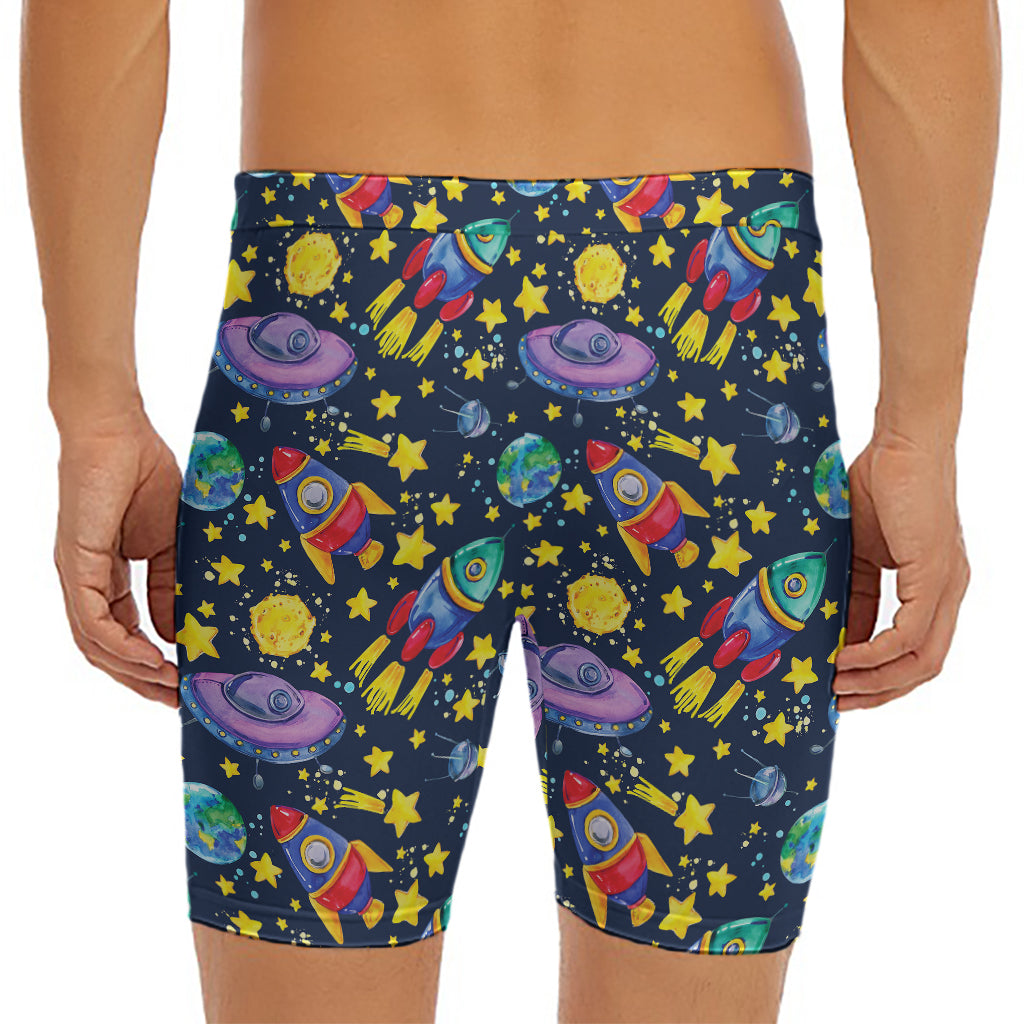 Watercolor Rocket Pattern Print Men's Long Boxer Briefs