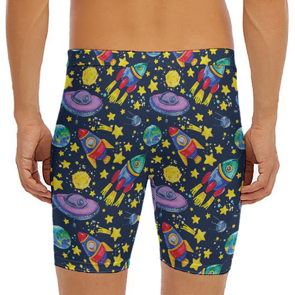 Watercolor Rocket Pattern Print Men's Long Boxer Briefs