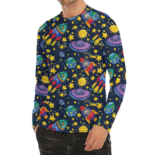 Watercolor Rocket Pattern Print Men's Long Sleeve Rash Guard