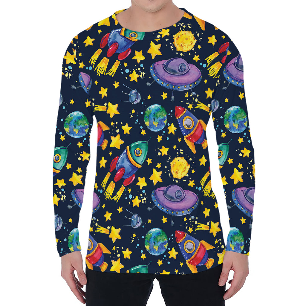 Watercolor Rocket Pattern Print Men's Long Sleeve T-Shirt