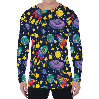 Watercolor Rocket Pattern Print Men's Long Sleeve T-Shirt