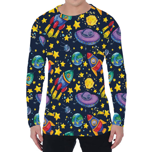 Watercolor Rocket Pattern Print Men's Long Sleeve T-Shirt