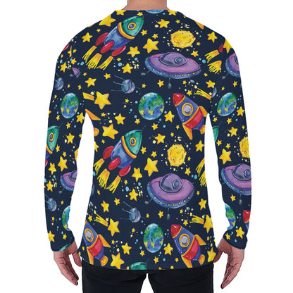 Watercolor Rocket Pattern Print Men's Long Sleeve T-Shirt