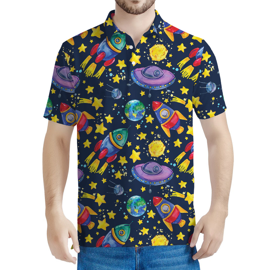 Watercolor Rocket Pattern Print Men's Polo Shirt