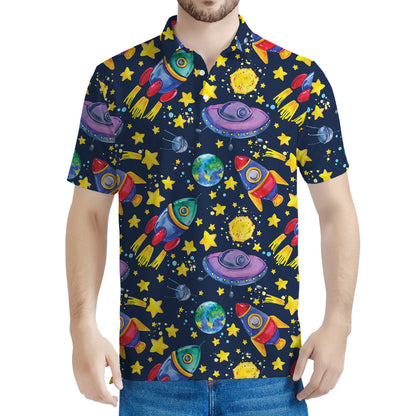 Watercolor Rocket Pattern Print Men's Polo Shirt