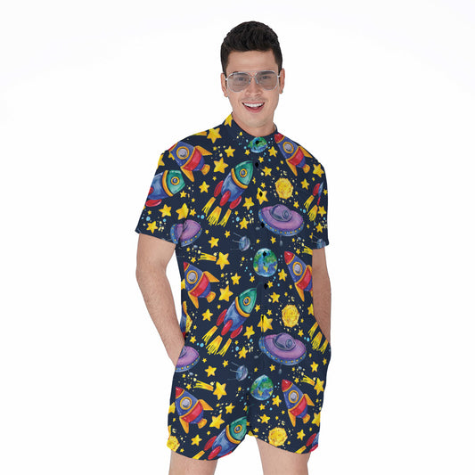 Watercolor Rocket Pattern Print Men's Rompers