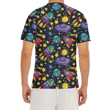 Watercolor Rocket Pattern Print Men's Short Sleeve Rash Guard